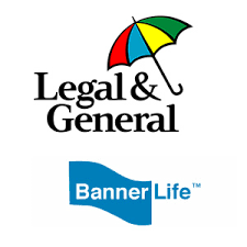 Two logos stacked on a white background. Legal & General America's logo on top with its rainbow umbrella branding. Below this is Banner Life Insurance Company's logo, a subsidiary of Legal & General.